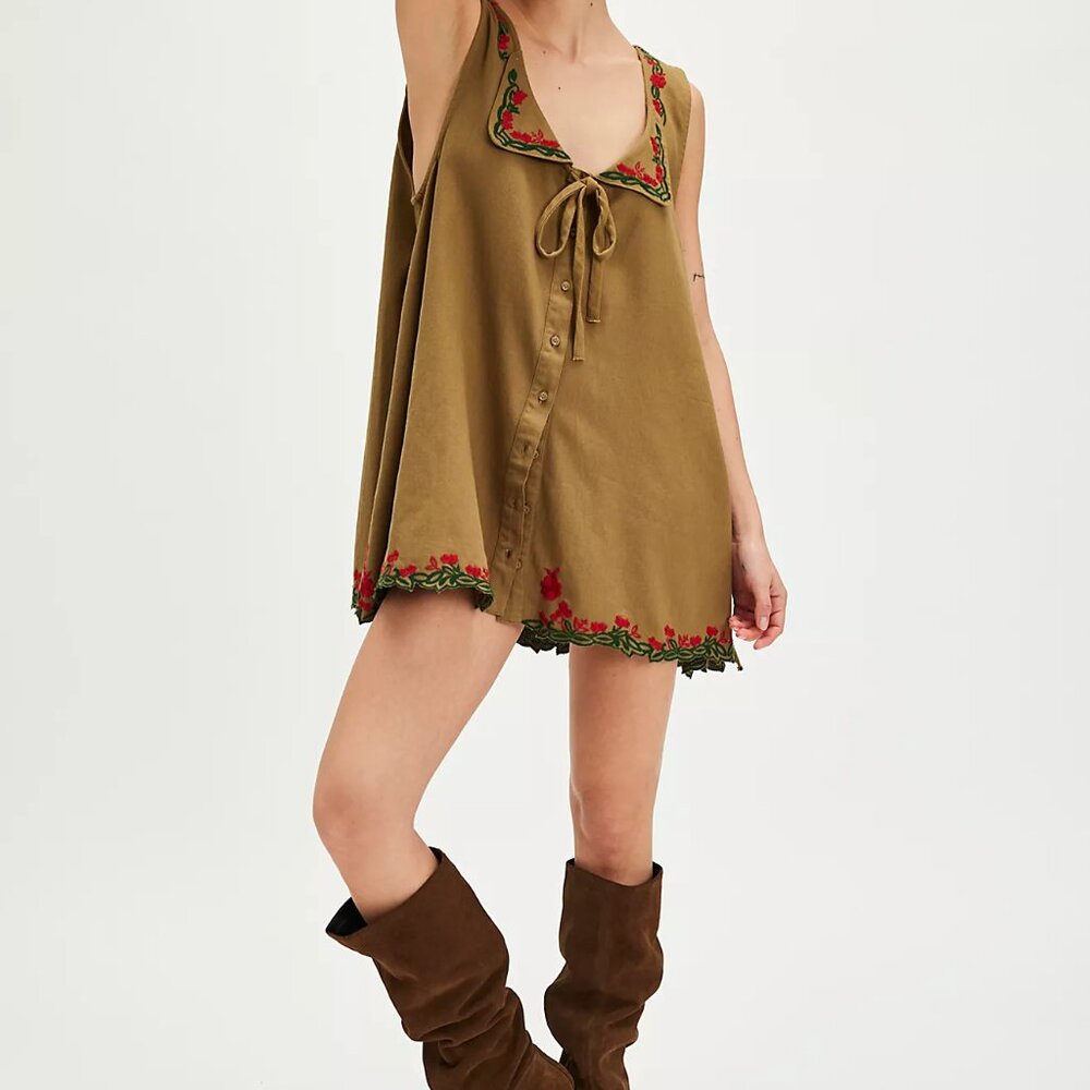 Free People Zina Denim Tunic: Moss Green/ Red Embroidered Combo